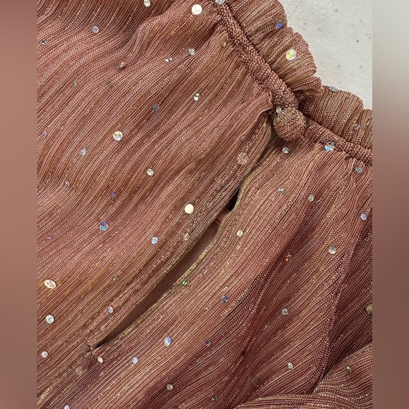 NWT Umgee Mauve Shimmer Pleated Sheer Blouse Long Sleeve Ruffle Mock Neck - Picture 7 of 11